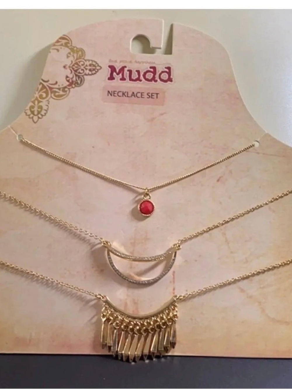 Mudd Gold-Tone Layered Necklace Set with Red Accent
